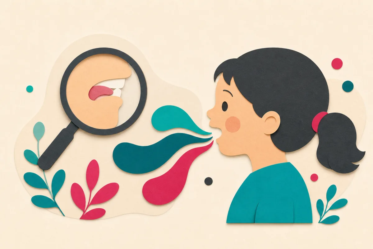 Symboliczna ilustracja dziecka i obserwacji ułożenia języka podczas mówienia